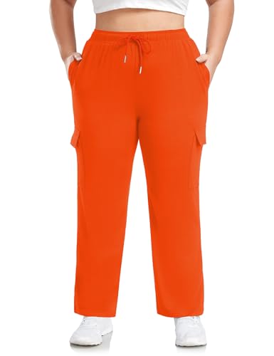 FOREYOND Plus Size Halloween Pants for Women Wide Leg Cargo Sweat Pants Casual Lounge Loose Workout Yoga Pants with Pockets Orange 3XL