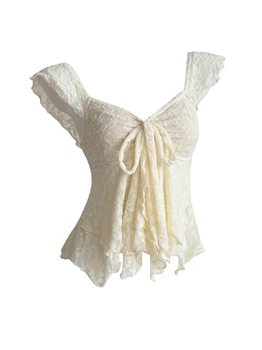 SOLY HUX Women's Y2k Lace Crop Top Tie Front Sweetheart Neck Summer...