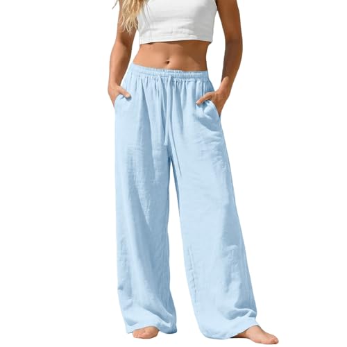 Pantalon coton et lin femme léger respirant taille haute ample et confortable