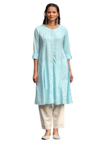 Image of Juniper Powder Blue Solid A-Line Schiffli Kurta