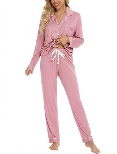 Image of Leikar Button Down Pajamas for Women Soft Viscose Sleepwear Long Sleeve Pjs Set Maternity Nursing Postpartum Loungewear