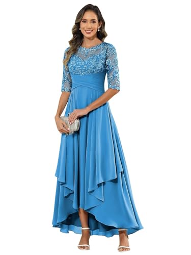 BANTRATIC Women's Mother of The Bride Dresses for Wedding Tiered Crew Neck Ankle Length Lace Appliques Formal Evening Gown