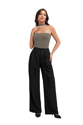 FUNYYZO Wide Casual Pants Women's High Elastic Waisted Business Work Trousers Long Pants2