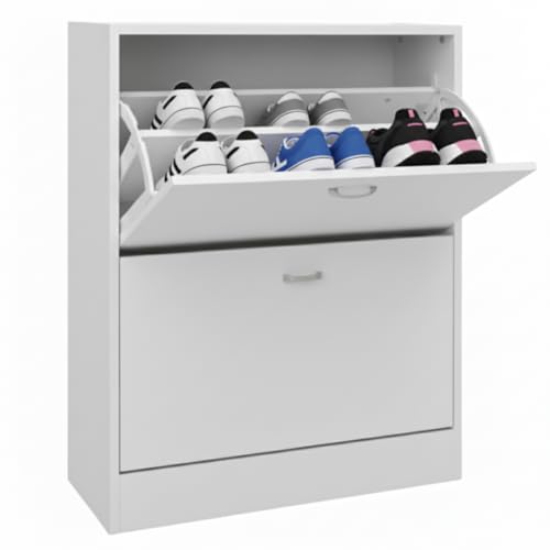 Scarpiera Portascarpe in Legno MDF Melaminico Scaffali Ante a Ribalta Maniglie Grigio Satinato Doppia Profondità Adatta a Scarpe Stivali Ciabatte Tacchi Istruzioni Incluse (2 Ante, Bianco)