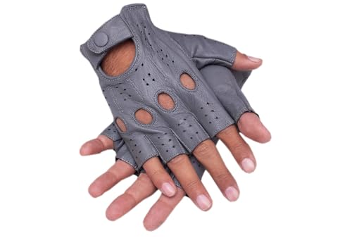 Men&rsquo;s Leather Half Finger Driving Gloves with Knuckle Holes, Leather Fingerless Gloves for Driving, Cycling & Biking (Grey, Large)