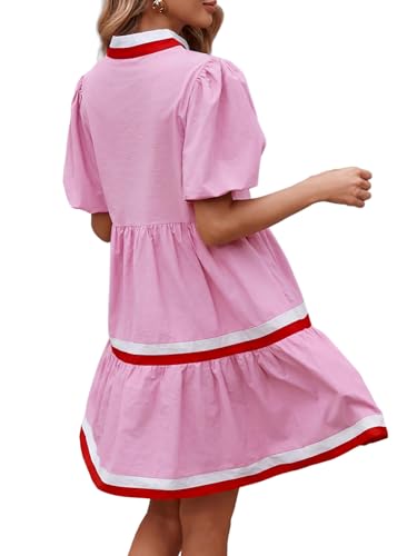 Image of LifeShe Womens Puff Sleeve Babydoll Dress V Neck Navy Blue Striped Color Block Tiered Mini Dresses