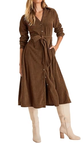 R.Vivimos Herbst Winter Damen Langarm Button Down Midikleid V Ausschnitt Krawatte Taille Cordkleider Lange Hemdkleid Mit Taschen(L,Braun)