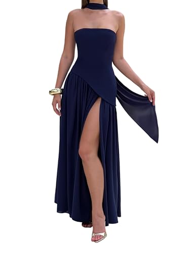 BDSCZW Robe corset asymétrique pour femme - Robe longue ouverte - Pour mariage, invité, cocktail, fête - Avec écharpe, bleu foncé, M