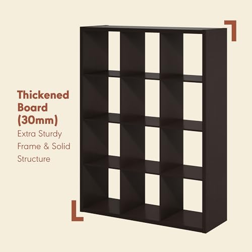 Image of Furinno Cubicle Record Player Stand, 12-Cube Record Storage, Dark Oak | Vinyl Storage, 1.2 inchInch Extra Thick, Open Back Media Shelf for CD DVD Bluray Game Disc, for Living Room, Home Office