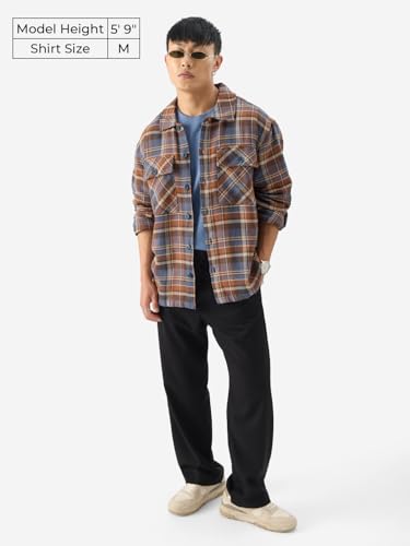 Image of The Souled Store Plaids: Orion Brown Men and Boys Button Front Long Sleeve Oversized Fit Flannel Shackets Men's Flannel Shirt Winter Plaid Thick Jackets Shackets for Men Outerwear Layering Shirts