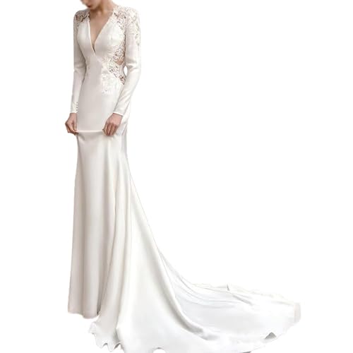 Chaoyilian Vestidos De Novia para Novias,Vestido de Novia de Encaje de Sirenas,Vestido de Novia Sirenas Largo para Mujer,Vestido de Novia de Manga Larga con Cuello en V,para Banquetes,Fiestas