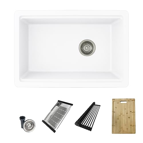 Image of Stylish 28 x 18 Inch Composite Granite Workstation Kitchen Sink, Single Bowl Under Mount & Drop in, 9.5 in Deep, with Bamboo Cutting Board, Roll-Up Drying Rack, Colander & Strainer, White, S-828WH