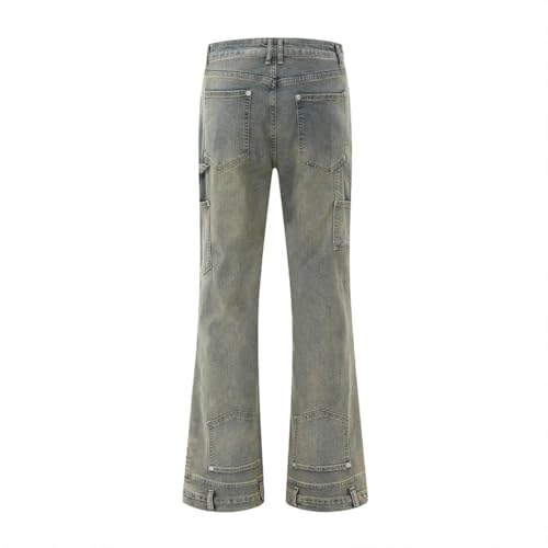 Men’s Double Knee Denim Flare Pants, Retro High Street, Loose Washed Distressed Carpenter Jeans3