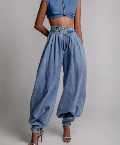 Womens Spring High Waist Jeans Zipper Denim Loose Harem Vintage Balloon Casual Essential Jeans3