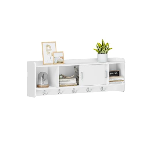Hzuaneri Wandgarderobe, Flurgarderobe mit 4 Ablagefächern 5 Haken, Wandregal mit Schiebetür, Garderobenleisten, Kleiderstange, für Flur, Schlafzimmer, Wohnzimmer, 101 x 33 x 15 cm, Weiß LCR60303X