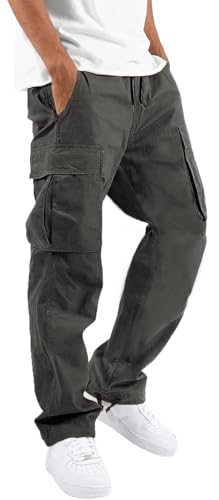 HUNGSON Mens Cargo Pants Drawstring Casual Hiking Pants Joggers Athletic Trousers Cotton Loose Straight Sweatpants for Men Dark Grey
