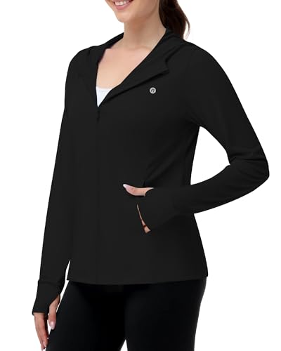 Runhit Women's UPF 50+ Sun Protection Jacket Hoodie – Lightweight Zip‑Up Long Sleeve Sun Shirt with Pockets (Black, Size L)