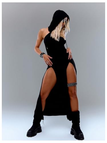 Verdusa Women's High Slit Hoodie Long Dress Rave Club Festival Outifts Bodycon Dress Goth Clothes4