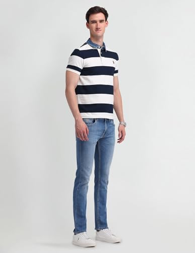 Image of U.S. Polo Assn. Denim Co. Men's Blue Striped Polo Collar Half Sleeve Casual Cotton Slim Fit T-Shirts