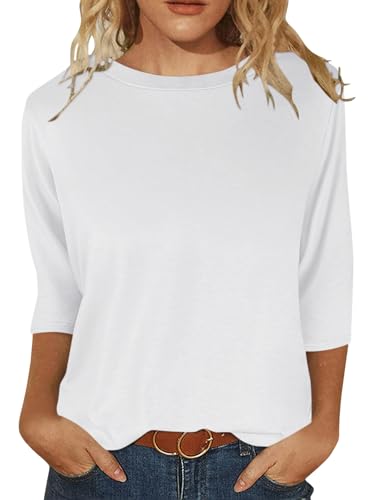 Minetom Camiseta de manga 3/4 para mujer, cuello redondo, camiseta de verano, camiseta básica para otoño, A blanco., L