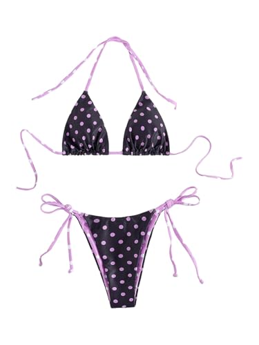 Image of WDIRARA Women's Polka Dots Bikini Set Halter Triangle String Swimsuit Tie Side 2 Piece Bathing Suit