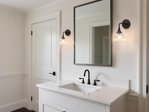 Image of Phansthy Hardwired Modern Wall Sconces, Retro Industrial Wall Lamps, Bathroom Vanity Sconces Wall Lighting with Striped Glass Shade for Bedroom Living Room Corridor Kitchen (Black + Clear Shade)