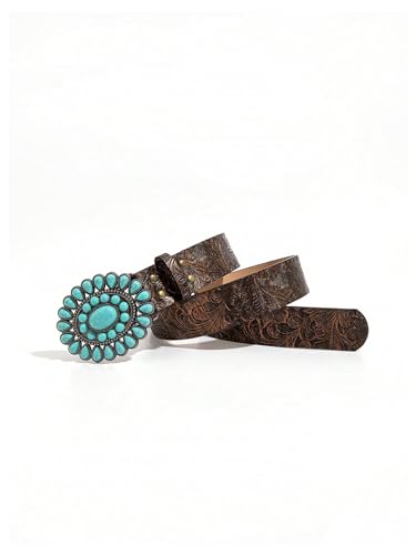 GORGLITTER Women's Western Leather Belt Vintage Turquoise Buckle Waist Belt for Dress3