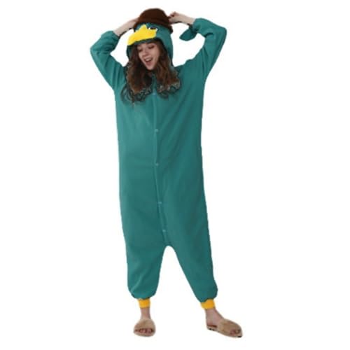 Image of YOSUWOAI Women's Platypus Costume Onesie Cartoon Cosplay Pyjamas with Button Plush, Soft Sleepwear Jumpsuit, Funny Loungewear Bodysuit, Winter Warm Full Body Suit, One-Piece Pyjamas, O Dark Green, M