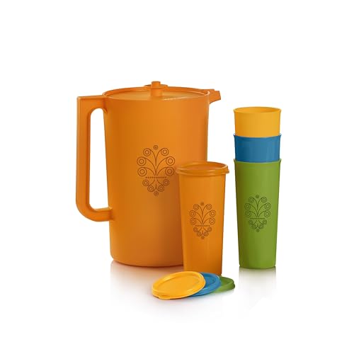 Tupperware Heritage Retro Collection, Pitcher and 4 Tumbler Set in Retro Colors, Dishwasher Safe and BPA Free