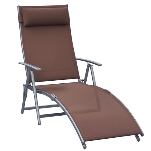 Outsunny transat Chaise Longue Bain de Soleil Pliable Dossier inclinable Multi-Positions têtière fournie 137L x 64l x 101H cm métal époxy textilène Marron