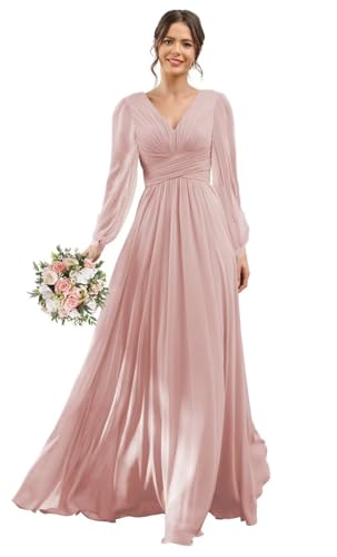 YOFF V-Neck Long Sleeves Bridesmaid Dresses Long with Slit Pleated Chiffon A-line Formal Party Dresses with Pockets YO090