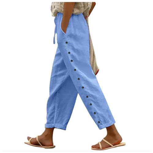 Pantalones Mujer Verano 7/8 Pantalones de Cintura Alta Elástico Casual Pantacourt con Botones Decorativos Ligero Sólido Color de Playa Grande con Bolsillos Pantalones de Playa con Bolsillos, #43, M