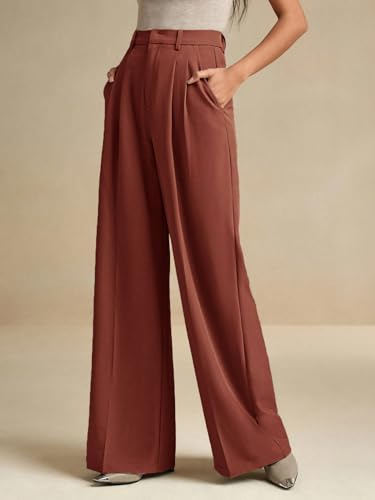 Image of KOTTY Women's High Waist Solid Color Hook and Bar Wide Leg Trousers Loose Comfort Trouser with Pockets