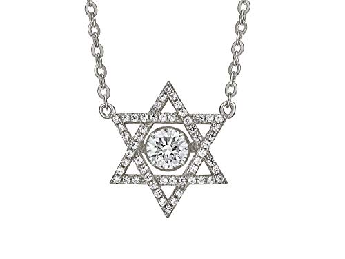 Central Diamond Center Star of David Dancing Gemstone Necklace, 925 Sterling Silver w/Pure Brilliance CZ, Chain Attached (Platinum)