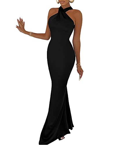 xxxiticat Women's Satin Long Dress Sleeveless Halter Neck Backless Buckle Slip Cold Shoulder Mermaid Prom Party Maxi Dress3