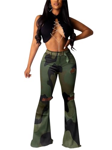 Lucuna Women's Camo Pants Flare Jeans High Waisted Y2K Camouflage Army Fatigue Ripped Bell Bottom Denim Pants2