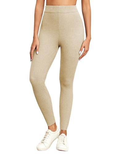 Famulily Leggings de malha caneladas de cintura alta para mulher, justas, elásticas, para outono e inverno, Bege