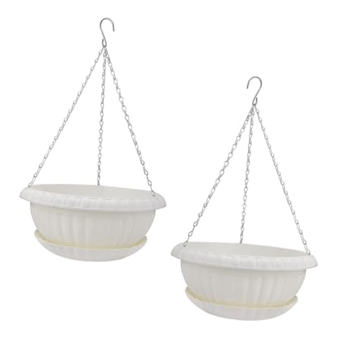 FUTUREORYY 2 pezzi Vasi Sospesi da Giardino in Materiale con Sottovaso Fioriera Appesa Bianca con Catena per Piante da Interno ed Esterno Facile Installazione e Design Moderno