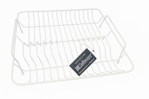 Delfinware White Square Compact Dish Drainer with Handles – Plastic Coated Steel Drying Rack, Made in the UK (White)