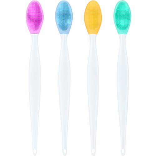 4 Pieces Silicone Exfoliating Lip Brush Tool Double-sided Soft Lip Brush for Smoother and Fuller Lip Appearance (Yellow, Blue, Green, Rose Red)