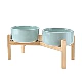 SPUNKYJUNKY Elevated Dog Bowls Ceramic, 7.3'' Dogs Food Water Bowls Raised with Non-Slip Bamboo Stand for Medium to Large Sized Breed Microwave Dishwasher Safe - 42 OZ,Light Green