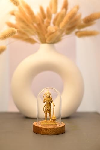 Image of ARTOCITI Standing Blessing Lord Hanuman Miniature Murti in Glass Dome (Golden)| Made with Wooden Base,Transparent Glass Dome for Table Top,Car Dashboard, Home Temple, Office Desk (3.5x.2.5 inches)