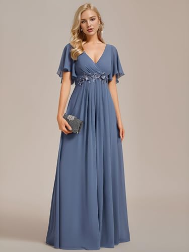 Image of Ever-Pretty Women's Spring Short Sleeve Bridesmaid Dresses V-Neck Chiffon Ruched Empire Waist Appliques Long Formal Dress