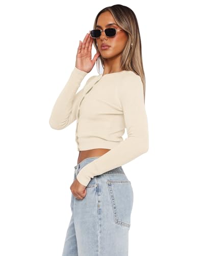 Image of Cardigan Sweaters for Women Crew Neck Cropped Sweater Tops Dressy Casual Long Sleeve Shirts Apricot S