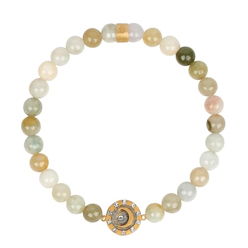 KARMA AND LUCK 7” Stretch Bracelet for Women – Gold-Plated Brass, 6mm Stones – Hamsa, Lotus & Moon Charms – Jade, Labradorite, Moonstone, Onyx, Garnet, Pearl – Spiritual & Healing Jewelry