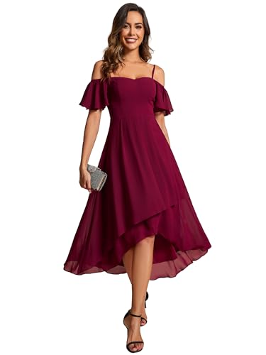 Image of Ever-Pretty Women's Summer Cold Shoulder Hi-Lo Asymmetrical Hem Flowy Chiffon Short Wedding Guest Dress 02103