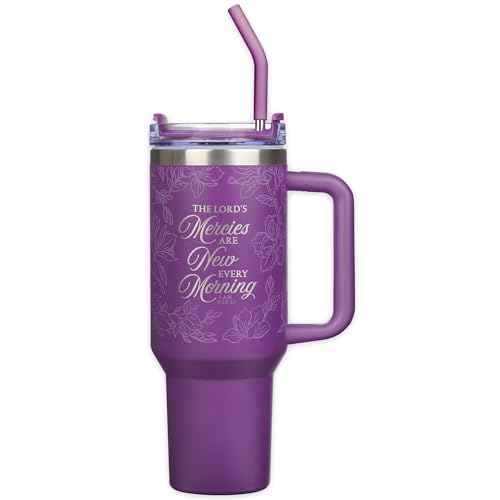 Image of Christian Art Gifts Extra Large Inspirational Scripture Engraved Insulated Stainless Steel Travel Tumbler for Women: Mercies Are New Twist Dial Lid, Reusable Straw & Silicone Tip, Purple Floral, 40 oz