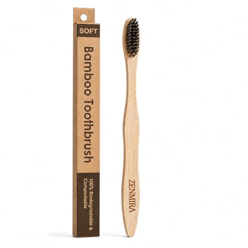 Image of ZENMIRA Bamboo Toothbrush with Activated Charcoal Soft Bristles for Adults, Eco-Friendly BPA-Free Wooden Toothbrush, Biodegradable Natural Handle, Organic Teeth Whitening Brush - (Pack of 1)