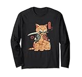 Japanese Samurai Ninja Cat Kawaii Tattoo Graphic Long Sleeve T-Shirt