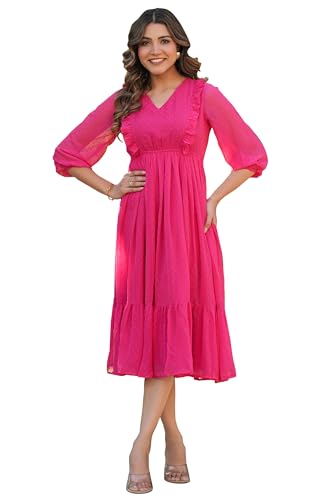 Image of Janasya Women's Dobby Chiffon Self Design Fit & Flare Dress
